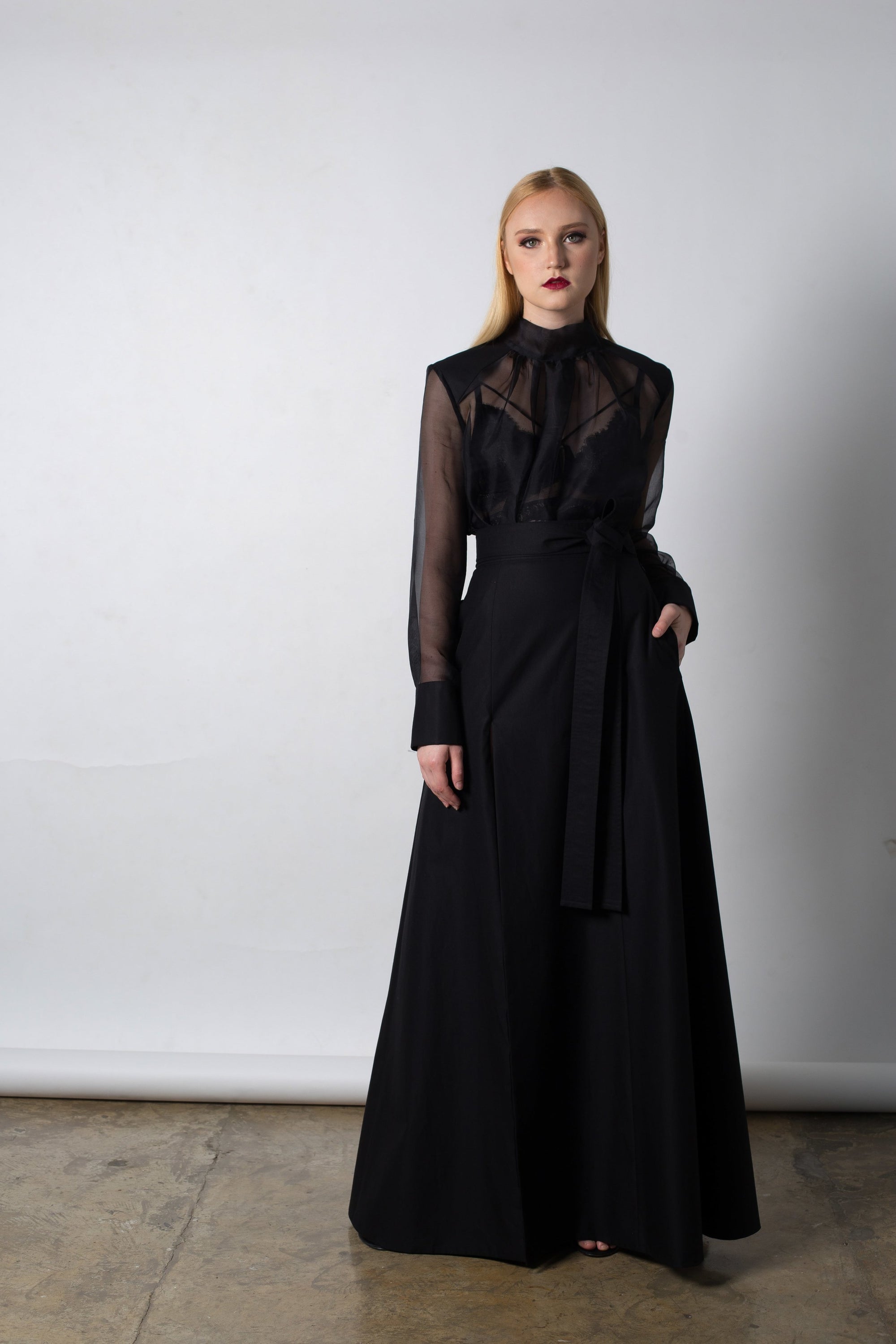 Stand collar blouse with gathered front in black organdy